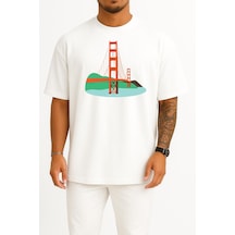 Bahriyeli Collection Oversize Golden Gate Köprüsü, San Francisco Göğüs Tasarımlı Unisex T-shirt Beyaz