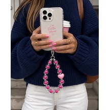 Les Petites Mains Pembe Kalp Detaylı Boncuklu Telefon Charmı El Yapımı Telefon Askısı
