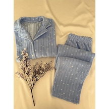 Mh Moony Homewears Ron Mavi Üzerine Yıldız Polar Yumuşacık Termal Pijama Takımı Mavi