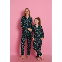 Free Beka Yılbaşı Desenli Uzun Kollu Önden Düğmeli Gömlek Yaka Anne Kız Pijama Takımı Yeşil