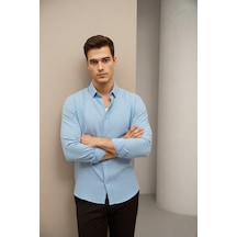 Bürke Keten Dokulu Mavi Yarım Oversize Yazlık Erkek Gömlek Bürke Keten Dokulu Mavi Yarım Oversize Yazlık Erkek Gömlek