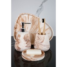 Betonmall 4 Parça Mermer Desenli Beton Banyo Seti Katı Sıvı Sabunluk Diş Fırçalığı Sunum Tepsisi - Bej Bej