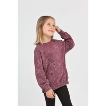 Toontoy Kız Çocuk Relax Fit Bisiklet Yaka Düşük Omuz Baskılı Yırtmaçlı Sweatshirt - 2 İplik Mor