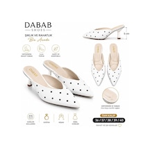 Dabab Shoes Sevılla Puantiye Desenli Beyaz Saten Sivri Burunlu 5 Cm İnce Topuklu Mule Terlik
