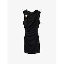 Koton Slim Fit Kolsuz Bisiklet Yaka Metal Aksesuarlı Mini Elbise Siyah 6sak80231fk