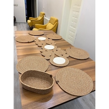 Senza Atelier Lüks Jüt Masa Sunum Seti Dairesel Motifli Runner, 6 Lı Supla Ve Sepet Seti Hasır