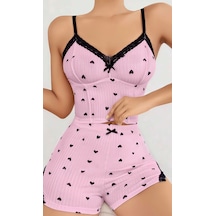 Kadın Pembe Kalp Desenli Askılı Şortlu Pijama Takım 5013 Pembe