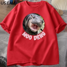 Flood Of Style Moo Deng T Shirt Erkekler Kadınlar İçin Pamuk Kısa Kollu Tişört Rahat O Boyun Tayland Moo Moo Kırmızı