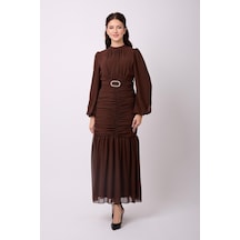 Violevin Er-cool Kadın Kemerli Şifon Elbise 8129-32-kahverengi