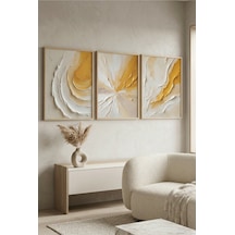 Doğal Ahşap Çerçeveli Soyut Altın Dokulu Modern Duvar Tablosu 3 Lü Set Kabartma Görünümlü Ahşap