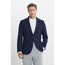 Ac&Co / Altınyıldız Classics Erkek Lacı Yünlü Slim Fit Dar Kesim Mono Yaka Armürlü Torba Cepli Ceket Lacı Lacivert