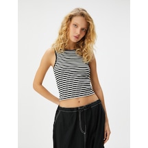 Koton Halter Yaka Kolsuz Tişört Slim Fit Viskon Kumaş Siyah Çizgili 4sal30024ık 4SAL30024IK9S9