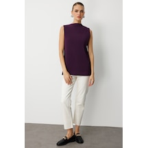 Mizalle Full İnce Pilise Mor Kolsuz Şifon Bluz Mor