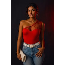 Veraura Lifestyle Kadın Tek Omuz Tül Detaylı Krep Bluz Kırmızı
