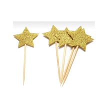 10 Adet Gold Sarı Yıldız Simli Pasta Kürdanı Eva