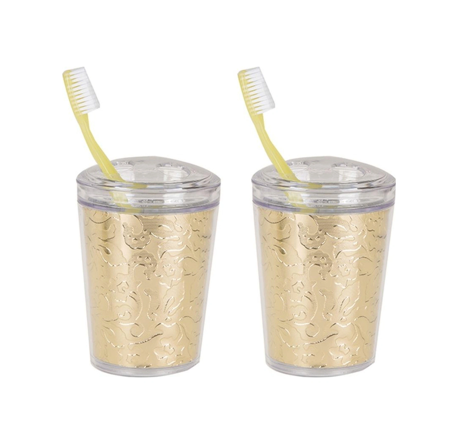 2 Adet Diş Fırçalık Altın Yaprak Akrilik 9x9x12cm Banyo Seti Çok Renkli