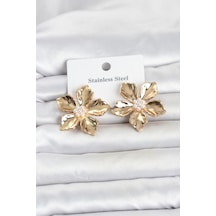 316l Çelik Gold Renk Lotus Çiçek Model Kadın Küpe Altın