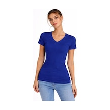 Meleners T-shirt V Yaka Slim Fit Likralı Tişört Günlük Basic Body - İndigo