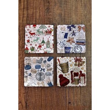 Doğal Taş Bardak Altlığı Yeni Yıl - Yılbaşı Uv Baskılı 4'lü Set -christimas Stone Coasters Çok Renkli