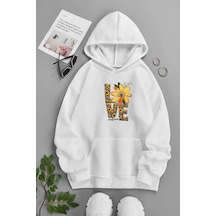 Unisex Beyaz Kapüşonlu Sweatshirt Love Çiçek ,baskılı Şardonlu Kalın Kumaş Beyaz