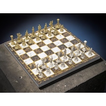 Lüks Metal Satranç Takımı Krom Kaplama Pegasus Atları & Kehribar Mermer Desenli Tahta 20 Cm.