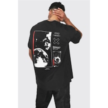 Tarzsokak Siyah Uzay Sırt Baskılı Bisiklet Yaka Oversize T-shirt Siyah