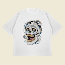 Tarzsokak Skullrainbow Baskılı Oversize Unisex Pamuklu Nefes Alan Kalın Kumaşlı Beyaz