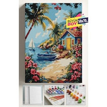 Sayılarla Boyama Seti Numaralı Tuval Fırça Boya Dahil Kasnaklı Set 50x70 Cm - Deniz Kenarı Kulübe