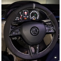 Dikişli Direksiyon Kılıfı Karbon Nubuk Deri Gri Yüzük / Dikişli Skoda Octavia Süperb İçin Renkli