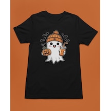 Bumeta Sevimli Hayalet Baskılı Cadılar Bayramı Halloween Unisex Tişört T-shirt Siyah
