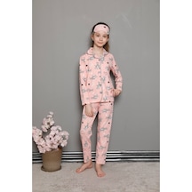 Kız Çocuk Uzun Kulak Tavşan Bunny Desen Pembe Renk Düğmeli Pijama Takımı