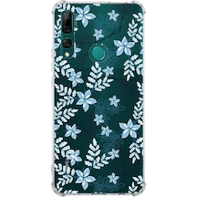 Huawei Y9 Prime 2019 Uyumlu Köşe Korumalı Floral Mavi Tasarımlı Şeffaf Silikon Kılıf