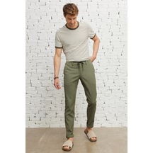 AC&Co / Altınyıldız Classics Erkek Hakı Slim Fit Dar Kesim Pamuklu Diyagonal Esnek Beli Bağlamalı Pantolon
