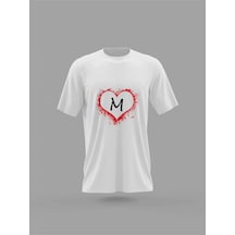 Adrift Mavi Unisex M Harfi Kalp Baskılı T-shirt Pnrmtshrt1085 Beyaz