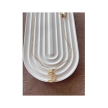 Ay Detaylı Gold Çelik Kolye Altın