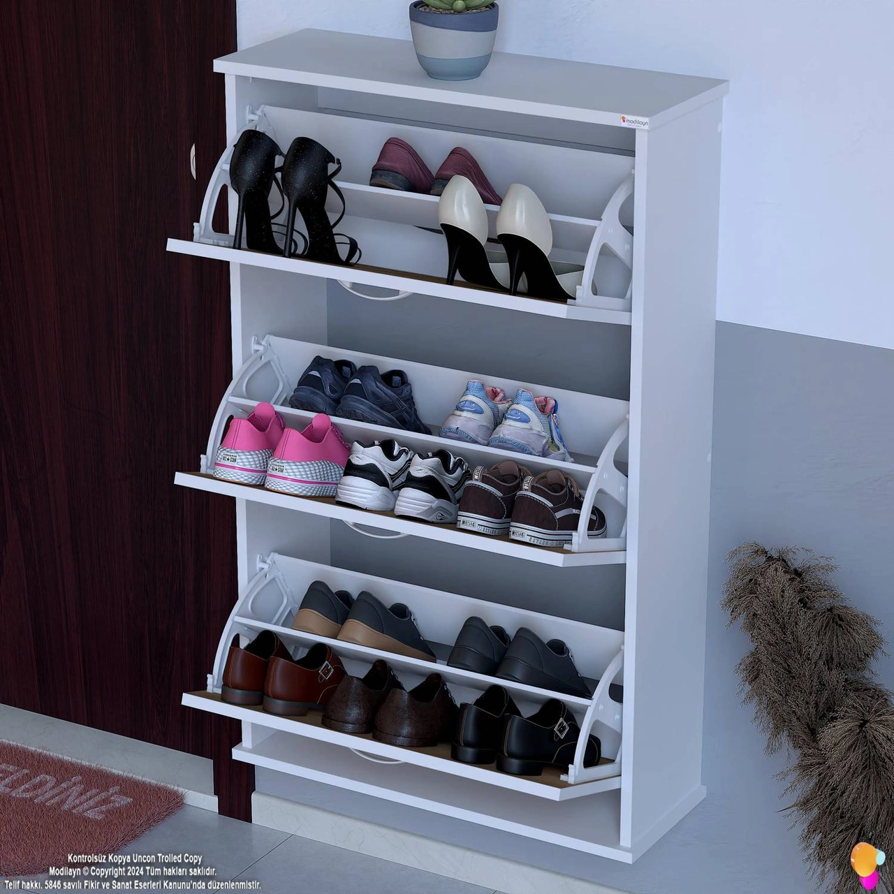 Uygar Meşe Renk Asma Ayakkabılık Kapı Önü 3 Düşer Kapak 6 Göz Bölmeli Ayakkabılık 72x115x25,5 Cm Meşe