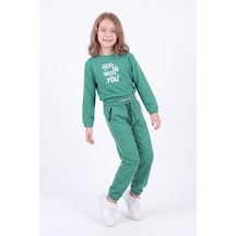 Panios Kids Kız Çocuk Bisiklet Yaka Kısa Kesim Baskılı Çift Cepli Eşofman Takımı Yeşil