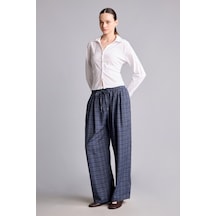 Defacto Ekose Desenli Bağcıklı Beli Lastikli Wide Leg Pantolon I2064ax26aunv241 Lacivert-nv241