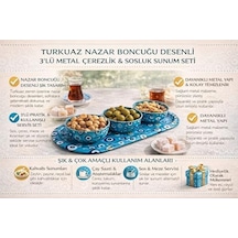 Turkuaz Nazar Boncuğu Desenli 3 Lü Metal Çerezlik Ve Sosluk Sunum Seti, Dayanıklı Baskılı Servis Tepsili Kahvaltılık, Atıştırmalık Ve Lokumluk Kase Takımı, Modern Dekoratif Sofra Sunum Ürünü 7/8 Yaş