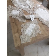 Salon Takımı Keten Angelika Çeyizlik Kreme Gold Runner Set 5 Parça Keten Ranır Masa Sehpa Konsol Örtüsü Çok Renkli