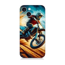 Apple iPhone 15 Plus Uyumlu Alevler Arasında Motosiklet Sıçrayışı Desenli Silikon Kılıf Çok Renkli