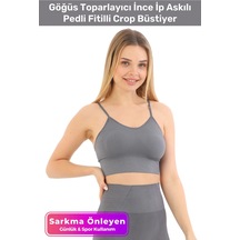 Carlburn Özel Üretim Göğüs Toparlayıcı Sarkma Önleyen Spor Günlük İnce İp Askılı Pedli Fitilli Crop Büstiyer Gri
