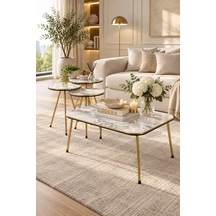 Odera Çift Gold Efes Beyaz Mermer Desenli Orta Sehpa Ve Zigon Sehpa 4'lü Set Metal Ayaklı Retro Modern Salon Sehpası Diğer