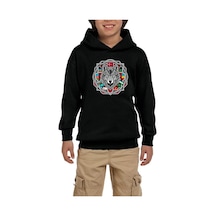 Zepplin Giyim Mandala Desenli Bayraklı Gri Kurt Baskılı Siyah Çocuk Kapşonlu Sweatshirt