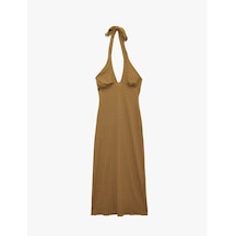 Koton Bürümcük Kumaş Dokulu Slim Fit Boyundan Bağlamalı Derin V Halter Yaka Midi Elbise Kahverengi 6sak80235ek Kahve