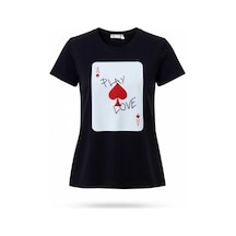 Kadın Siyah Poker Kartı Baskılı Pamuk T-shirt Siyah Kadın Siyah Poker Kartı Baskılı Pamuk T-shirt Siyah