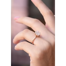 14k Rose Altın Kaplama Beyaz Zirkon Taşlı Lotus Çiçeği Kadın Yüzük Beyaz