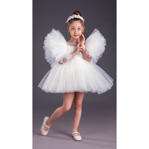 Mnk Baby & Kids Tütü Etekli Kabarık Kollu Komotini Taçlı Kız Çocuk Abiye Elbise Mnk0582 Beyaz