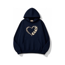 Herkesemoda Leopar Efektli Kalp Baskılı Kapüşonlu 2 İplik Şardonlu Sweatshirt Lacivert