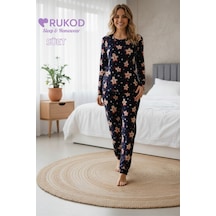 Rukod Kadın Lacivert Zencefilli Kurabiye Desenli Kışlık Bisiklet Yaka Uzun Kol Pijama Takımı Lacivert